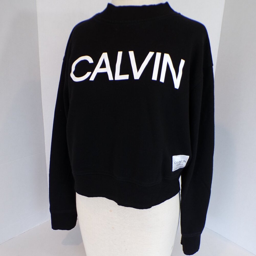 Calvin Klein Cropped Pullover Sweatshirt Logo Mock Neck Black Womens Size Large